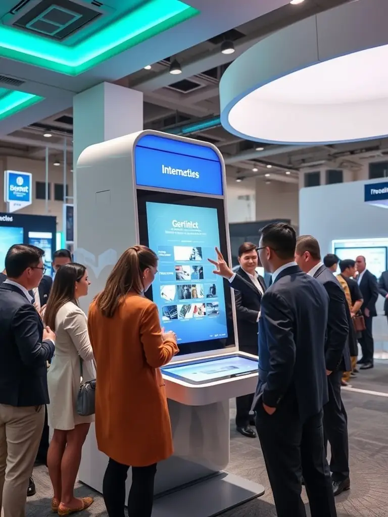 A close-up of a digital feedback kiosk at an event, with attendees providing real-time responses and analytics displayed on a screen.