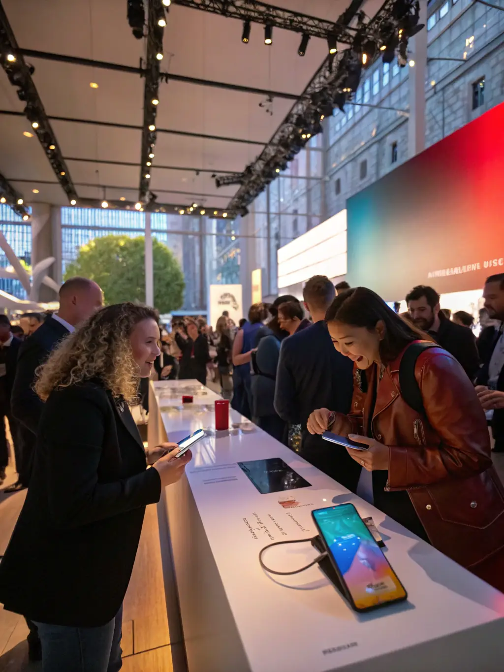 A vibrant photo of a bustling product launch event, with branded banners, interactive demo stations, and a crowd of enthusiastic attendees engaging with the brand.