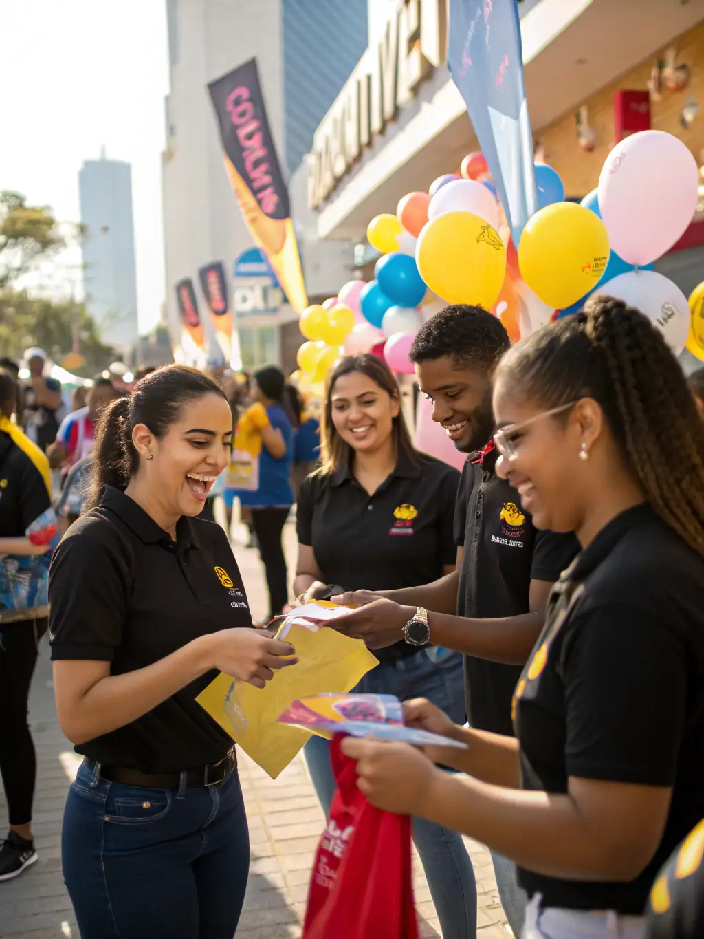 A candid image of a brand ambassador interacting with visitors at a festival booth, handing out samples and engaging in friendly conversation.