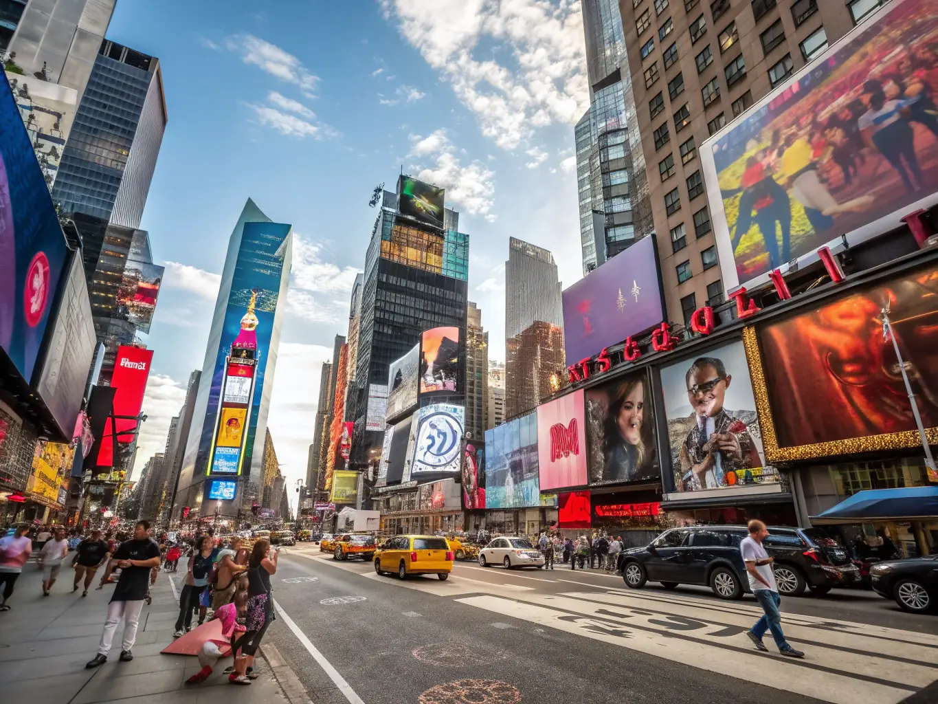 A creative visual of an outdoor advertising campaign, featuring billboards, street teams distributing flyers, and branded vehicles in a busy urban environment, illustrating Mixed Solutions GmbH’s advertising campaign expertise.