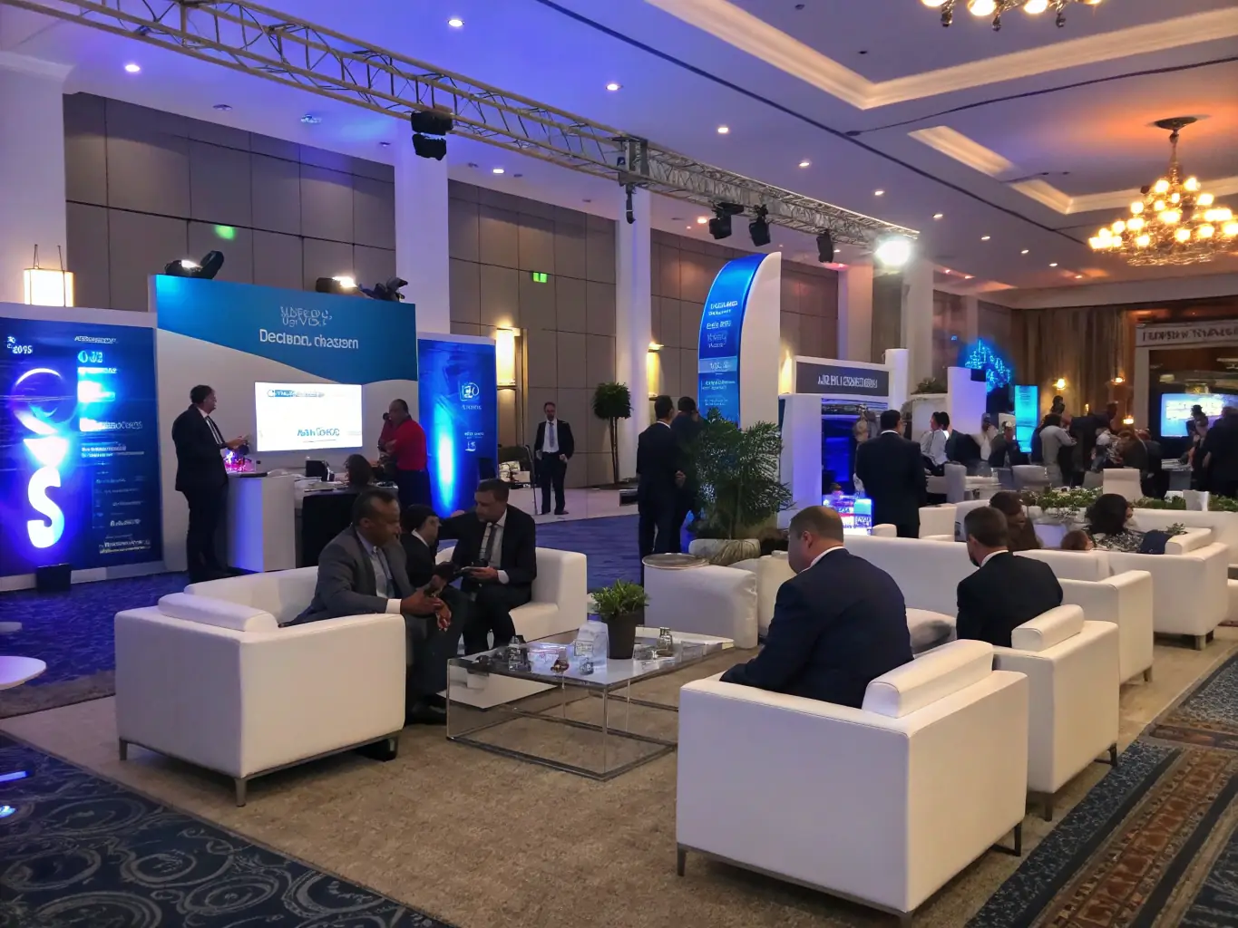 A dynamic image of a corporate event with professional lighting, branded banners, and guests networking, showcasing Mixed Solutions GmbH’s event execution capabilities in a real-world setting.