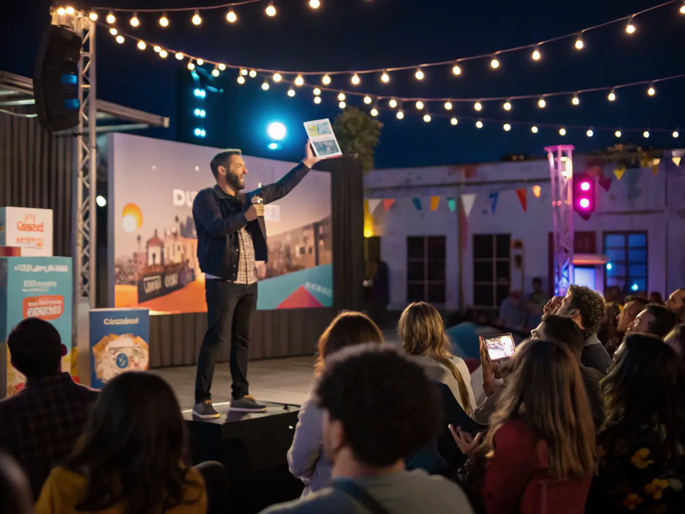 A vibrant photo of a product launch event with branded displays, enthusiastic attendees, and a presenter introducing a new product on stage, set in a modern venue, representing Mixed Solutions GmbH’s expertise in product launches.